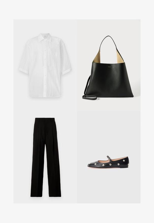 Fehér, rövid ujjú gombos ing, könnyű, texturált anyagból készült, gallérral és egyenes aljjal, márkanevével ellátva.; Fekete, bő szárú nadrág sima anyagból, magas derékkal, elülső redőkkel és letisztult, szabott kialakítással, díszítés nélkül.; Fekete bőr Mary Jane lapossarkú cipő, lekerekített orral, ezüst színű kör alakú szegecsekkel és állítható pánttal, csattal.; Fekete bőr bevásárlótáska tágas, szögletes kialakítással. Kontrasztos barna belső tér és vékony vállpánt jellemzi. Minimalista márkázás látható.