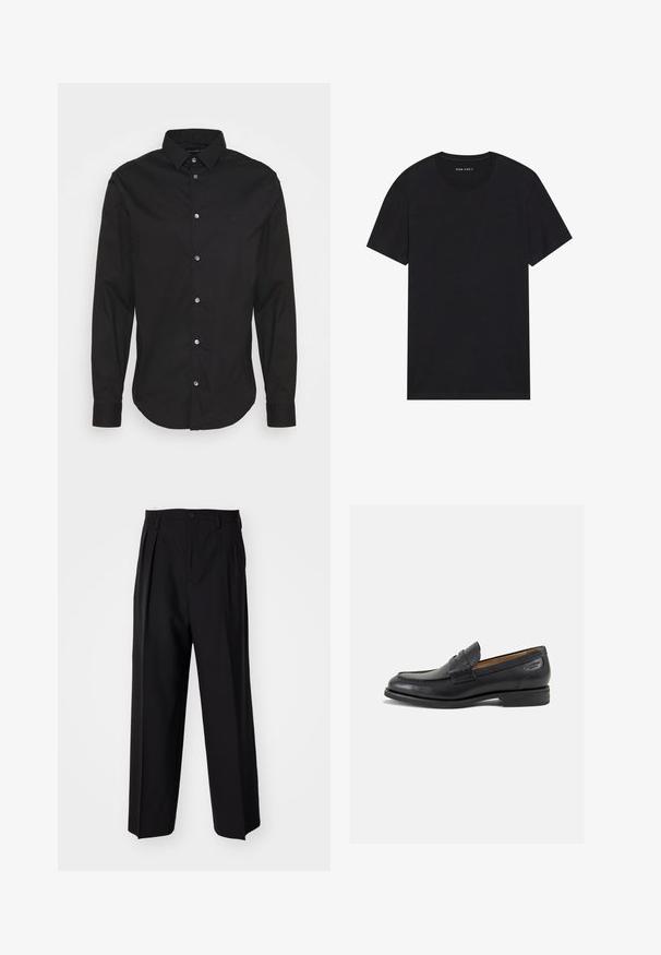 Černá košile na knoflíky s dlouhými rukávy, klasickým límcem a standardním střihem. Obsahuje jemné logo, hladkou texturu a kovové knoflíky.; Černé bavlněné tričko s krátkými rukávy a kulatým výstřihem. Tkanina má hladkou strukturu a jednoduchý, jednobarevný design.; Černé skládací kalhoty s rovnými, širokými nohavicemi. Vyrobené z hladké tkaniny, se zapínáním na knoflík a poutky na opasek.; Černé kožené mokasíny s hladkým povrchem, zaoblenou špičkou a dekorativním prošíváním na svršku. Nízký podpatka a mírný lesk.
