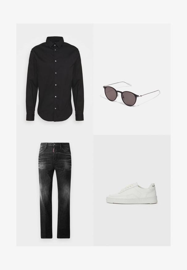 Zwarte overhemd met lange mouwen, klassieke kraag en normale pasvorm. Heeft een subtiele logo, een gladde textuur en metalen knopen.; Zwarte katoenen T-shirt met een ronde halslijn, korte mouwen en het "EMPORIO ARMANI" logo in het wit boven "Milano" in een gebogen ontwerp.; Zwarte denim jeans met een rechte pasvorm. Beschikt over vervaagde gebieden, lichte slijtage, klassiek vijf-pocket ontwerp en een knoopsluiting.; Witte leren sneaker met een gladde afwerking, ronde neus, platte veters en een gestructureerde zool. Kenmerkt zich door een subtiel logo op de hiel.; Zwarte ronde zonnebril met donkere lenzen en slanke metalen armen. Inclusief heldere tempelpunten en zilveren accenten bij de scharnier. Minimalistisch ontwerp.