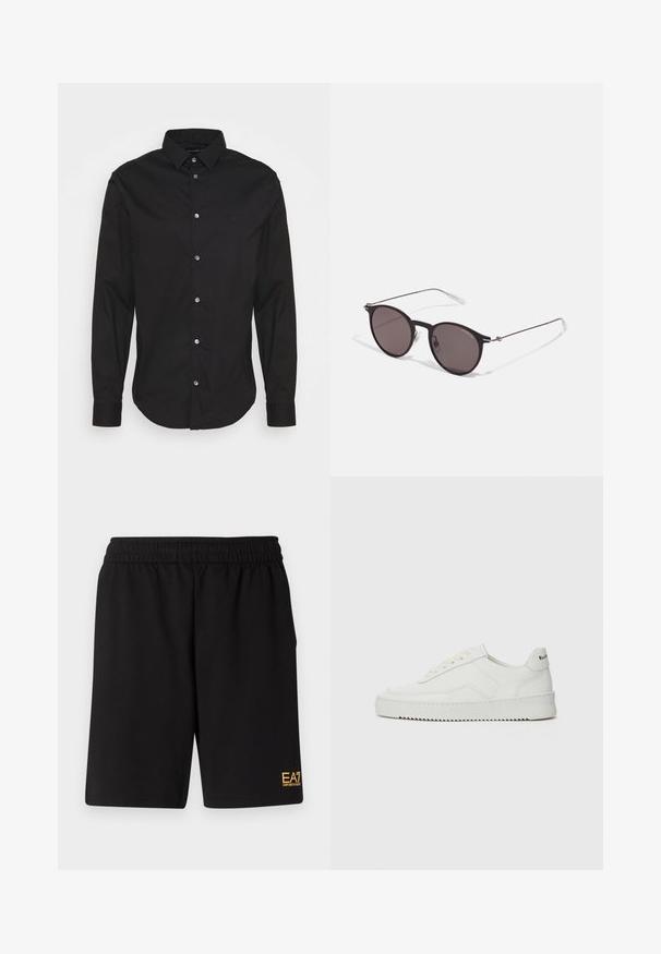 Zwarte overhemd met lange mouwen, klassieke kraag en normale pasvorm. Heeft een subtiele logo, een gladde textuur en metalen knopen.; Zwarte sportshorts van zacht materiaal, met een elastische tailleband en een klein geel EA7-logo op de onderste linkeronderbroek.; Witte leren sneaker met een gladde afwerking, ronde neus, platte veters en een gestructureerde zool. Kenmerkt zich door een subtiel logo op de hiel.; Zwarte ronde zonnebril met donkere lenzen en slanke metalen armen. Inclusief heldere tempelpunten en zilveren accenten bij de scharnier. Minimalistisch ontwerp.