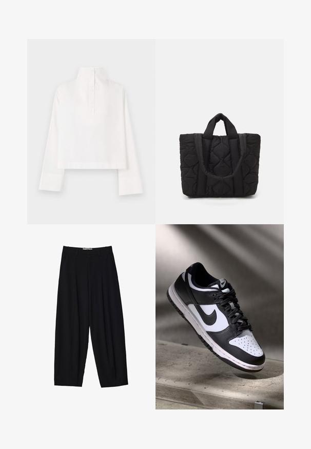 REMAIN HIGH NECK - Blus - white; Svarta vida byxor i lätt tyg, med framfållningar, en klassisk midja och sidofickor. Slät textur.; Svart och vit Nike Dunk Low sneaker med ovandel i läder, perforerad tånbox och svarta snören, med en vit sula och logotypdetaljer.; Svart vadderad tygväska med två stadiga handtag, med en strukturerad tyg med ett diamantmönster för hållbarhet och stil.