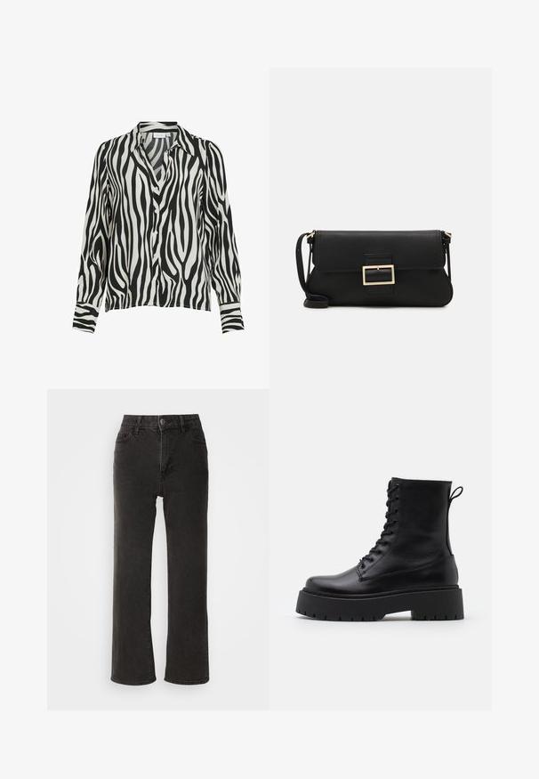 VILA V AUSSCHNITT - Blusa - black; Top negro de manga larga hecho de una tela suave, con un cuello redondo y detalles fruncidos en los hombros y puños.; Vaqueros anchos negros de mezclilla, con cierre frontal de botón, trabillas para el cinturón y cinco bolsillos, con una textura ligeramente deslavada.; Botas de cuero negras hasta el tobillo con punta redonda, cordones en la parte delantera y una suela de goma gruesa con un dibujo texturizado. Tirador en la parte trasera.; Bolso de mano de cuero negro con una solapa y un detalle de hebilla de metal dorado. Incluye una correa negra y un diseño elegante y minimalista.; Pendientes de aro color dorado, delgados y redondos, con un acabado metálico suave y sin adornos ni patrones.