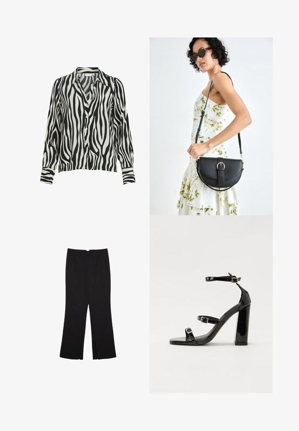 VILA V AUSSCHNITT - Button-down blouse - black; Black trousers with a straight fit, featuring front pockets and side slits at the hem. Made of soft, smooth fabric. Suitable for various occasions.; Black patent heeled sandals with a square toe, ankle straps, and silver buckles. Features a chunky block heel for stability.; Black leather handbag with a curved shape, detachable strap, and gold hardware. The bag features a flap with a buckle detail.