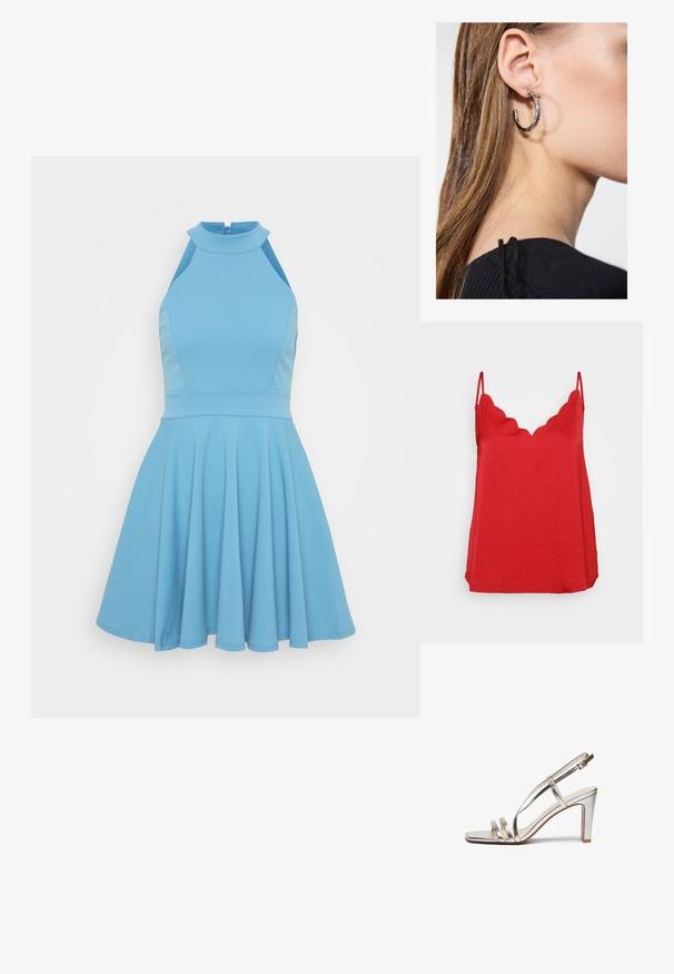 Punane ilma varrukatopp, millel on laineline kaelus, valmistatud kergekaalulisest kangast, millel on tekstuur, ja lõtv siluett.; Heledsinine ilma varrukat dress, millel on kõrge kaelus, kõikuv jope ja laienev seelik. Valmistatud siledast kangas, millel on volditud muster.; Metallilise hõbedase värvi kõrge kontsaga sandaal avatud varbaga, millel on jalas kolm õhukest rihma ja pahkluuring koos kinnitusega.; Kuldne metallist käekott, millel on sile tekstuur ja kolmnurkne klapp. Kotti hoidev käsi on hoolikalt maniküüritud küüntega.; Hõbedane rõngas kõrvarõngas poleeritud viimistlusega, millel on väikesed kuldsed aktsendid ja ümmargune kuju, kantud lobus.