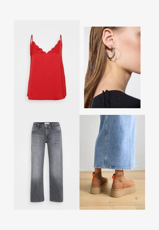 Červený bezrukávový top s vlnkovým výstrihom, vyrobený z ľahkej textílie s textúrovaným vzhľadom a voľným strihom.; Even&Odd Petite 2 PACK - Top - light grey/black; Sivé džínsy s rovnými legami, pätkový strih, jemné vyblednutie a gombíkový uzáver v páse.; Hnedé zamskové platformové čižmy s elastickými bočnými panelmi a oranžovými ťahákmi, v kombinácii s sukňou z ľahkého denimu po kolená, na drevenej podlahe.; Strieborná kruhová náušnica s lesklým povrchom, obsahujúca malé zlaté akcenty a okrúhly tvar, nosená na lalôčiku ucha.