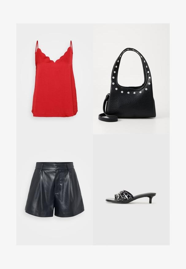 Sarkans bez piedurknēm ar viļņotu kakla izgriezumu, izgatavots no viegla, strukturēta auduma ar brīvu piegriezumu.; Melnas ādas šorti ar gludu tekstūru, piegriezumu, krokotām priekšpuses daļām un jostu cilpām; papildus ar slēptu rāvējslēdzēja kabatu sānos.; Melnas piekļuves sandales ar vairākiem spīdīgiem siksniņām un metāliskām akcentiem, ar smailu purngalu un pieklājīgiem kitten papēžiem. Gluda tekstūra.; Melnas strukturētas ādas rokassomu ar sudraba kniedēm gar augšējo malu un rokturiem, kura ietver īsu rokturi un noņemamu siksniņu.; Sudraba auskars ar pulētu apdari, ar maziem zelta akcentiem un apaļu formu, uz ausu ļipiņas.