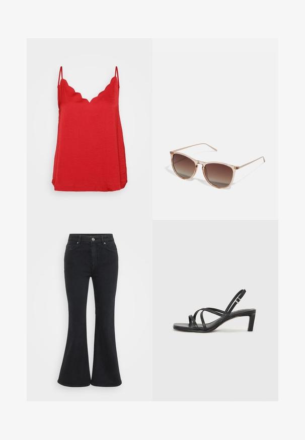 Rød ærmeløs top med scallop-udskæring, lavet af letvægtsstof med en struktureret overflade og en løs pasform.; Sorte flagrende jeans lavet af denim med høj talje, der har en knaplukning, frontlommer og en glat, mat overflade.; Sort remsandale med firkantet tå og en lav blokeret hæl. Har flere tynde stropper og en justerbar ankelrem. Fremstillet af glat læder.; Brune gradient solbriller med en gennemsigtig pink stel, firkantet form og tynde metalarme. Har afrundede kanter og minimal dekoration.