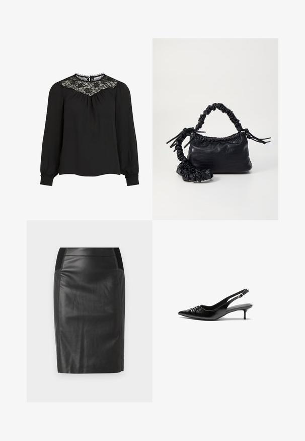 Black long-sleeve blouse featuring a lace yoke, pleated front, and elastic cuffs. Detailed neckline with scalloped edges. Smooth fabric texture.; Black leather pencil skirt with a fitted design, smooth texture, and elastic waistband accents on both sides. Flat hem at the bottom.; Black leather slingback heels with a pointed toe, low kitten heel, and gathered detail on the vamp. Smooth texture and minimalist design.; Black faux leather handbag with a crocodile texture, cinched top, and a scrunched strap. Appears soft and compact in design.