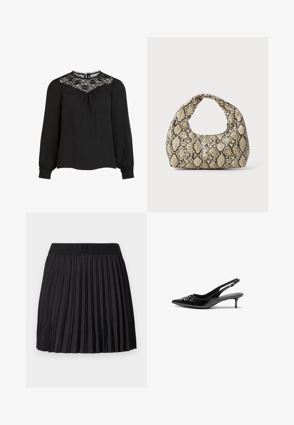 Must have debeeaza mustustega pluus, millel on pitsist kaelaosa, volditud esiosa ja elastsed mansetid. Detailne kaelus, millel on lainelised servad. Sile riidetextuur.; Must mustriga seelik, millel on sile tekstuur, musta värvi elastne vöökoht ja esiküljel reljeefne logo detail.; Musthave nahkased kõrged kontsad, millel on terav varvas, väike kitten-kont ja dekoratiivne sõlm ees. Ühtlane sile tekstuur.; Musta käärmeprindiga kott kõveraga käepidemega. Valmistatud tekstiilsetest, beežidest ja pruunidest materjalidest, millel on iseloomulik rombikujuline muster.