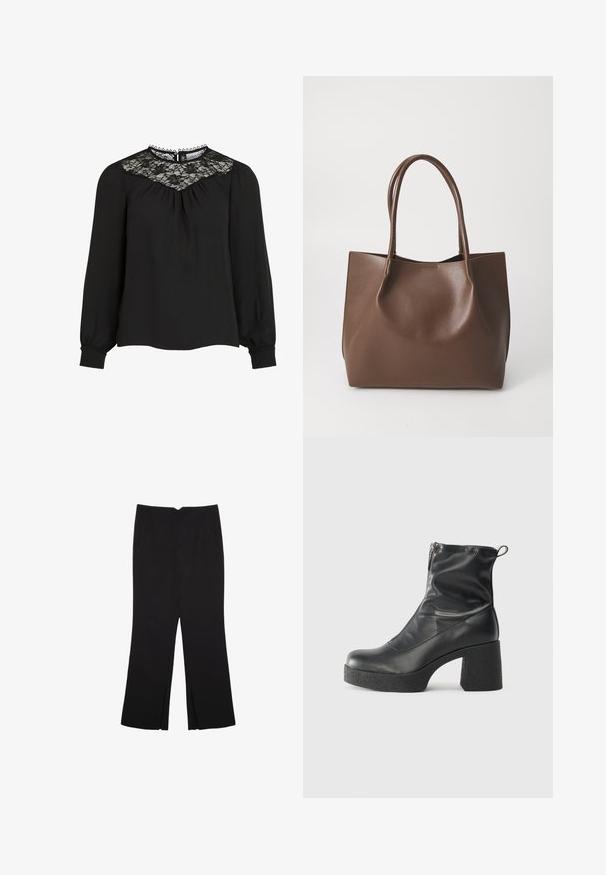 Blusa nera a maniche lunghe con yoke in pizzo, parte frontale plissettata e polsini elastici. Collo dettagliato con bordi ondulati. Texture del tessuto liscia.; Pantaloni neri a gamba dritta, con tasche frontali e spacchi laterali all'orlo. Realizzati in tessuto morbido e liscio. Adatti a diverse occasioni.; Stivali neri alla caviglia in pelle liscia, con zip laterale, tacco spesso e texture, e punta arrotondata.; Borsa tote in pelle marrone con due manici lunghi, forma strutturata, superficie liscia e design minimalista. Nessun hardware o accento visibile.