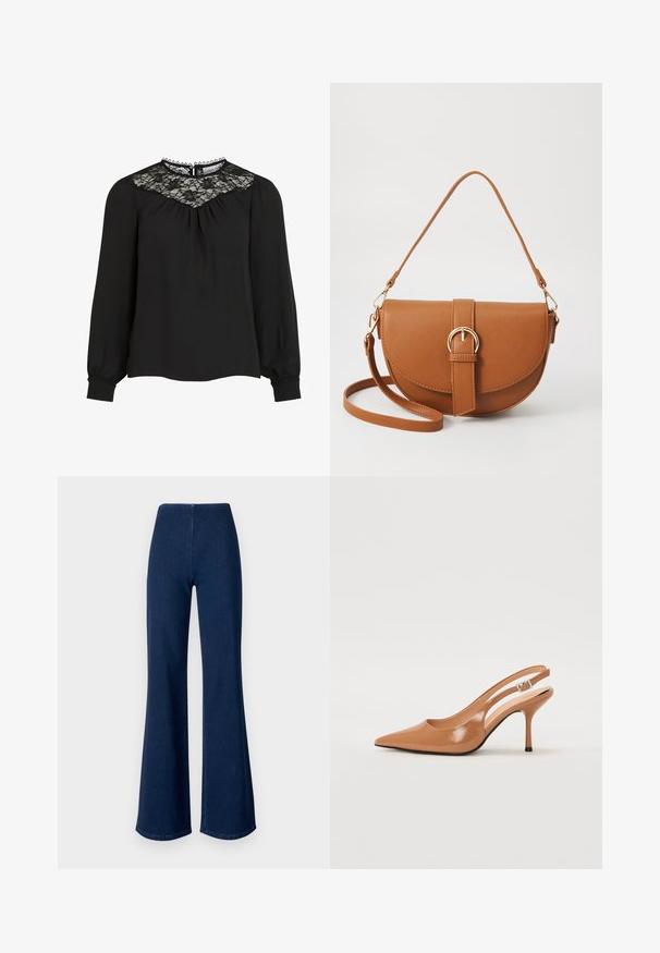 Crna bluzica dugih rukava sa čipkastim detaljima, naboranim prednjim dijelom i elastičnim manžetama. Urezani dekolte s valovitim rubovima. Glatka tekstura tkanine.; Tamno plave široke traperice s elastičnim pojasom. Odlikuju se glatkom teksturom i širokim nogavicama koje se protežu do ruba.; Sandal s petom u obliku šiljastog prsta od glatkog, sjajnog smeškastog materijala. Ima zakrivljeni izrez i vitku štiklu. Detalj s srebrnom kopčom.; Smeđa kožna torba preko tijela s zakrivljenim oblikom, zlatnim metalnim detaljima i naglaskom na kopču. Ima odvojivu naramenicu.