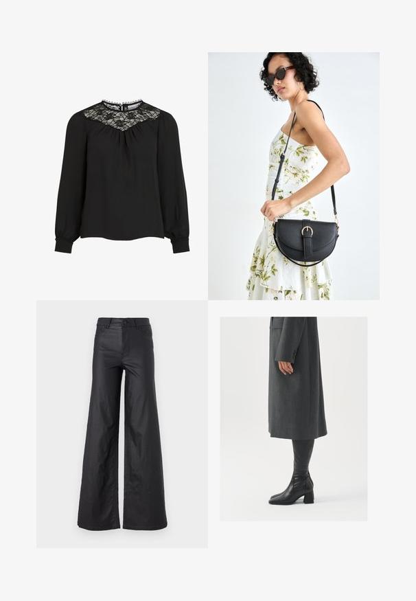 Blusa preta de manga longa com pala de renda, frente plissada e punhos elásticos. Decote detalhado com bordas em scallop. Textura de tecido suave.; Calças largas pretas em material de pele sintética. Apresentam uma cintura alta, passadores de cinto, dois bolsos frontais e detalhes cosidos.; Casaco cinza, ajustado, com corte reto; combinado com botas de couro pretas até ao joelho, com biqueira quadrada e salto grosso.; Bolsa de couro preta com forma curva, alça destacável e detalhes em dourado. A bolsa possui uma aba com detalhe de fivela.