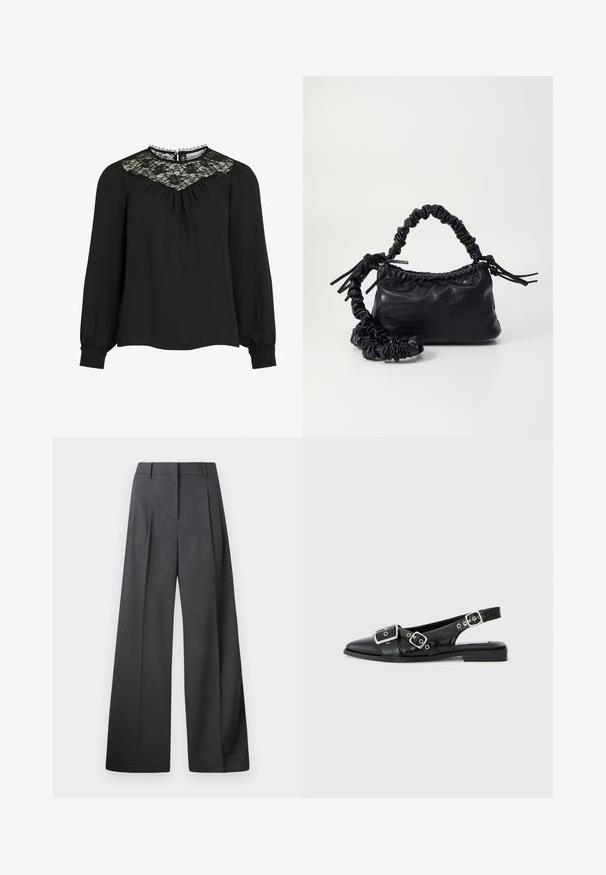 Fekete, hosszú ujjú blúz, csipke yokkával, pliszírozott elülső résszel és elasztikus mandzsettákkal. Kidolgozott nyakrésszel, fodros szélekkel. Sima szövet textúra.; Széles szárú nadrág sötétszürke anyagból, magas derekú, egyes redőkkel, sima textúrával és tiszta befejezéssel a szegélyeken.; Fekete bőr slingback cipő, hegyes orral, két ezüst csattal és alacsony blokk sarkú. Texturált felsőrésszel és nyitott háttal rendelkezik.; Fekete műbőr kézi táska krokodil bőr textúrával, összehúzható tetejű és gyűrt pánttal. Lágy és kompakt dizájnúnak tűnik.