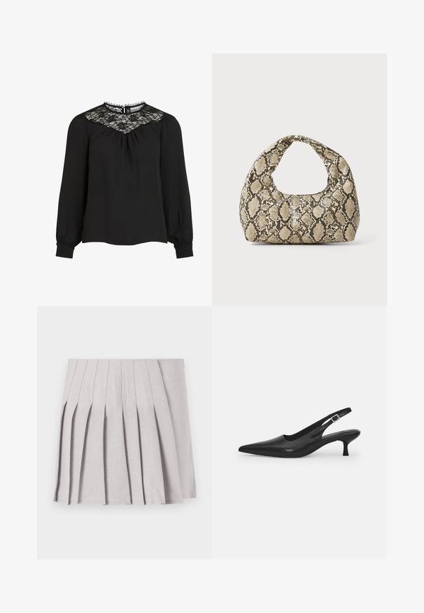 Juoda ilgomis rankovėmis palaidinė su nėriniuotu juosmeniu, raukšlėta priekyje ir elastingais rankogaliais. Išsamus iškirpimas su banguotais kraštais. Lygi audinio tekstūra.; Pilka klostuota sijonas su lygiu paviršiumi, su daugeliu vertikalių klosčių ir pritaikytu juosmeniu. Pagamintas iš lengvo audinio.; Juodos odinės slingback bateliai su smailiu nosiu ir plonu, lenktu kulnu. Yra diskretiška reguliuojama juostelė su metaliniu sagtimi.; Gyvatės rašto rankinė su kreiviu rankenėle. Pagaminta iš tekstūruotų smėlio ir rudos spalvos medžiagų, su išskirtiniu rombo raštu.