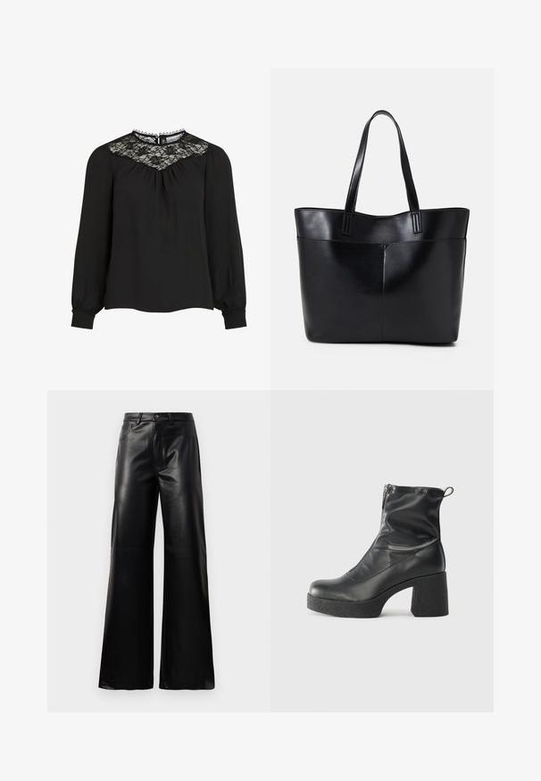 Čierna blúzka s dlhým rukávom so čipkovým výstrihom, plisovaným predným dielom a elastickými manžetami. Detaily na výstrihu so vlnitými okrajmi. Hladká textúra látky.; Čierne vysokopriestené široké nohavice z umelého kože s predným gombíkom, zipsom, pútkami na opasok a bočnými vreckami na bielom pozadí.; Čierne členkové topánky z hladkej kože, so bočným zipsom, robustnou textúrovanou pätnou časťou a zaobleným dizajnom špičky.; Čierna kožená tote taška s dvoma dlhými rúčkami, hladkým povrchom a štruktúrovaným tvarom. Obsahuje prednú kapsu pre dodatočné uskladnenie.