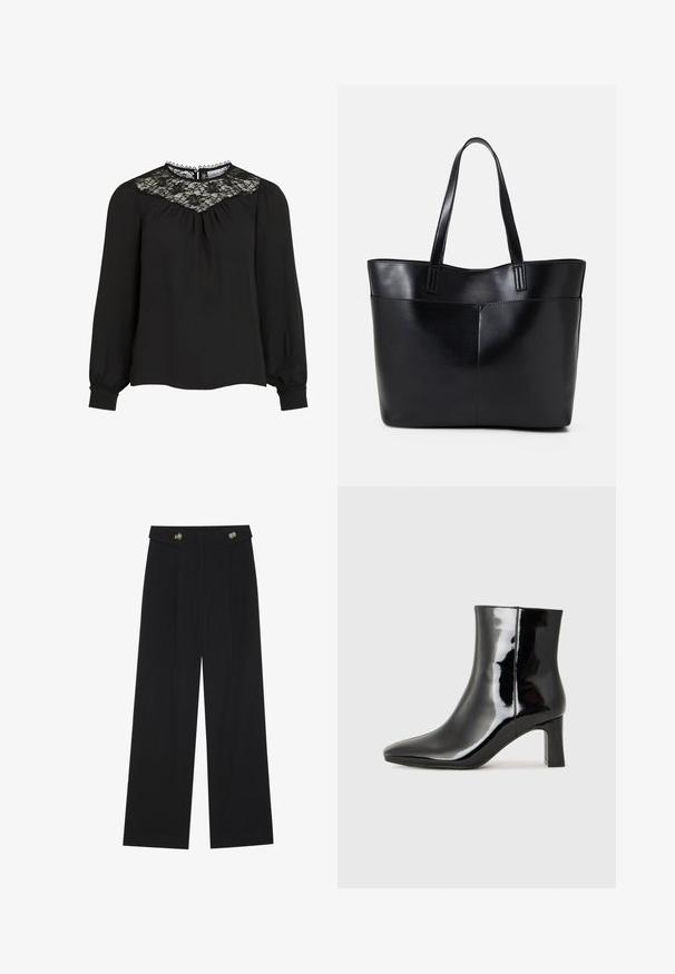 Black long-sleeve blouse featuring a lace yoke, pleated front, and elastic cuffs. Detailed neckline with scalloped edges. Smooth fabric texture.; Black wide-leg trousers with high waist, button details on waistband, and front pleats.; Black patent leather ankle boot with a pointed toe and a mid-height block heel. Smooth texture and minimalist design.; Black leather tote bag with two long handles, a smooth texture, and a structured shape. Features a front pocket for additional storage.