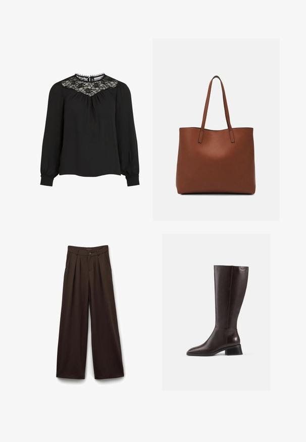 Schwarze Bluse mit langen Ärmeln, die über eine Spitzeneinsatze, einen gefalteten Vorderteil und elastische Manschetten verfügt. Detaillierter Ausschnitt mit gewellten Kanten. Glatte Stofftextur.; Weite Hosen aus dunkelbraunem Stoff, mit hoher Taille, gefaltetem Vorderteil, Knopfverschluss und Eingrifftaschen.; Knöchelhohe, braune Lederstiefel mit glatter Oberfläche, abgerundeter Spitze und gestapeltem schwarzen Absatz. Schlichtes Design mit minimalen Hardware-Details.; Braune Leder-Tote mit glatter Textur, offenem Oberteil und zwei Schulterriemen. Verfügt über minimale Nähte und keine sichtbaren Beschläge.