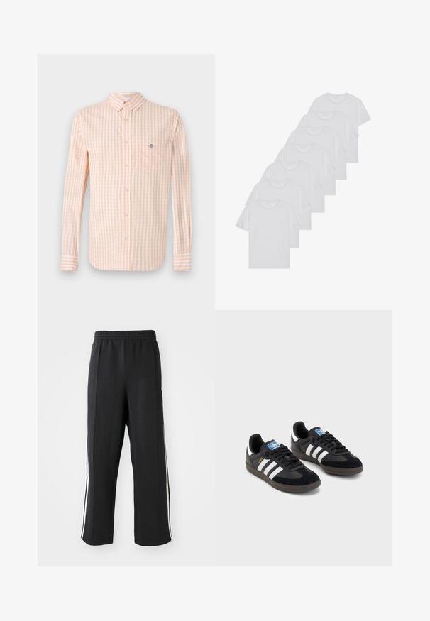 Šviesiai oranžinė ir balta langeliai audinio marškiniai su ilgomis rankovėmis, knopkų apykakle ir krūtinės kišene. Kišenėje yra subtilus logotipas.; Baltos medvilninės marškinėliai, trumpomis rankovėmis, apvaliu kaklu, lygia tekstūra, sušluoti į eilę, su subtiliu prekės ženklu ant kaklo.; Juodos sportinės kelnės su elastinga juosmens juosta, turinčios baltas šonines juosteles ir laisvą prigludimą. Pagamintos iš minkštos, tamprios medžiagos.; Juodi sportiniai bateliai su zomšos ir sintetine viršutine dalimi, turintys tris baltas juosteles, tekstūruotą gumos pado paviršių ir mėlyną logotipo etiketę ant liežuvėlio.