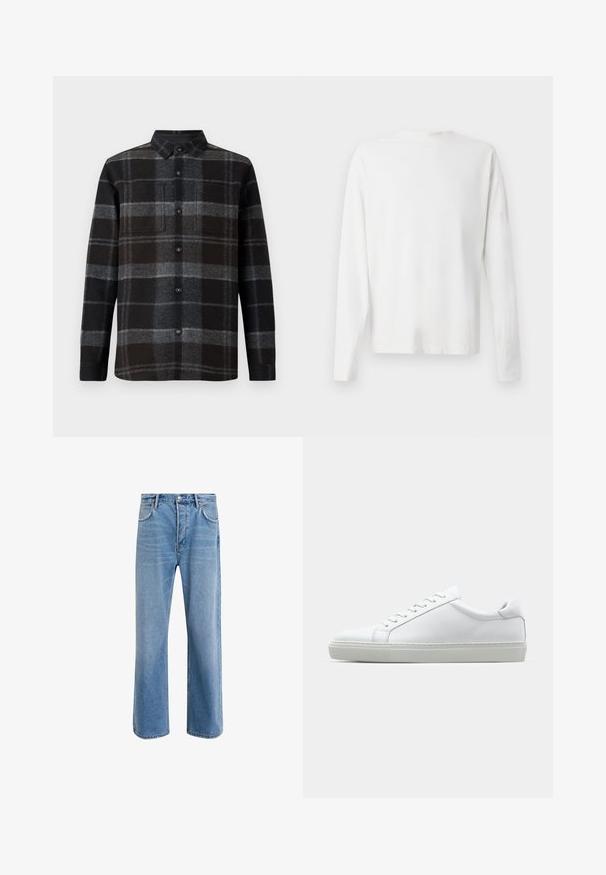 Fekete és szürke kockás flaneling, hegyes gallérral, gombos elejével és két mellzsebével. Puha tapintású és hosszú ujjú.; Hosszú ujjú fehér pamut ing kerek nyakkivágással, az alján oldalsó hasítékokkal és sima textúrával, hátulról bemutatva.; Világoskék farmernadrág, egyenes szárú fazonnal, öt zsebbel, gombos záródással, minimális kopással és kontrasztos varrással.; Fehér sportcipő sima bőr felső résszel és alacsony profilsal. Kerek orr, hat fűzőlyuk és barázdált gumitalp jellemzi.