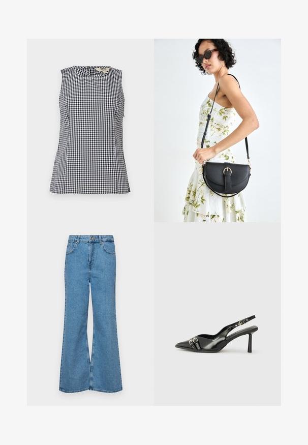 Top bez rukava s uzorkom karirane tkanine u crno-bijelim tonovima, s okruglim izrezom i diskretnim bočnim detaljima, izrađen od laganog materijala.; Svijetloplave traperice s flared nogavicama, visokog struka, s pet džepova i jednim dugmetom za zatvaranje. Mekani materijal s izblijedjelim izgledom.; Crna lakirana slingback cipela s izduženim vrhom, remenčićima oko gležnja s srebrnim kopčama i dijelovima, te vitkim potplatom.; Crna kožna torba s lukovitim oblikom, odvojivim remenom i zlatnim detaljima. Torba ima preklop s kopčom.