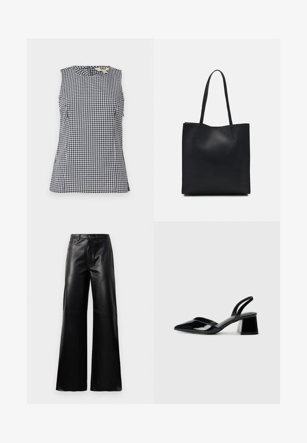 Svart och vit rutigt mönster ärmlös topp med rund halsringning och subtila sidodetaljer, tillverkad av lättviktsmaterial.; Svarta högmidjade vida byxor i konstläder med framknapp, dragkedjestängning, bältesöglor och sidofickor på vit bakgrund.; Svarta lackläder slingback klackar med spetsig tå och geometrisk klack. Har en elegant, minimalistisk design och slät yta.; Svart lädertoffelväska med slät textur, rektangulär form och två långa handtag. Ingen synlig hårdvara eller dekorationer.