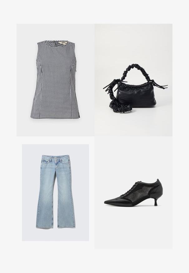 Mustat ja valkoiset ruudulliset ilman hihoja oleva paita, jossa on pyöreä pääntie ja huomaamaton sivusaumadetailointi, valmistettu kevyestä kankaasta.; Weekday NOVA - Slim fit -farkut - lip blue; Mustat kärjetossut, joissa on verkkopaneeli, matala korko ja nauhanytkytys edessä. Valmistettu nahka- ja verkkokombinaatiosta.; Must-have mustekahvi nahkalaukku krokotiiliaistalla, kiristetty yläosa ja rypistetty hihna. Näyttää pehmeältä ja kompaktilta muotoilultaan.