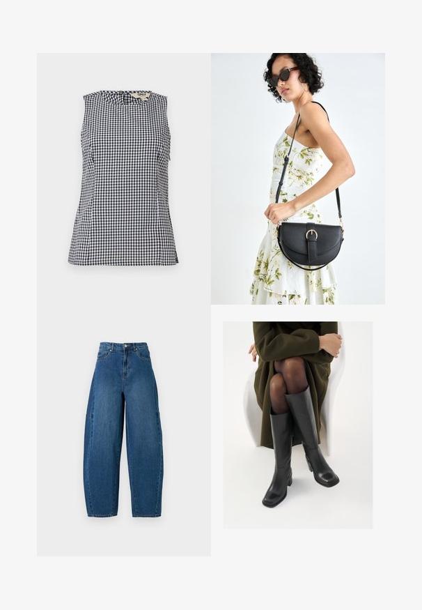 Black and white gingham pattern sleeveless top with a round neckline and subtle side detailing, made from lightweight fabric.; Denim jeans in a medium blue wash, featuring a high waist, wide leg cut, and standard five-pocket design with visible stitching details.; Knee-high black leather boots with a squared toe and block heel, shown with a model seated in an olive green coat. Smooth texture, minimal detailing.; Black leather handbag with a curved shape, detachable strap, and gold hardware. The bag features a flap with a buckle detail.