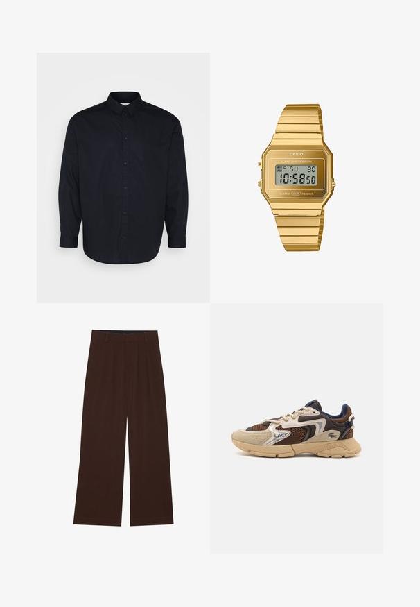 Pier One Camisa - black; YOURTURN UNISEX 3 PACK BASIC OVERSIZED T-SHIRT - Camiseta básica - dark brown/off-white/dark grey; Pantalones de pierna ancha marrones con pliegues. Hechos de una tela suave, con una cintura entallada y bolsillos laterales. Dobladillo recto en la parte inferior.; Zapatillas beige y marrón con paneles de malla texturizada, acentos de ante y suela de goma. Presenta un diseño de cordones y detalles de marca.; Reloj digital Casio con caja y pulsera de acero inoxidable tono dorado en forma octogonal, que cuenta con una pantalla LCD, alarma y resistencia al agua.