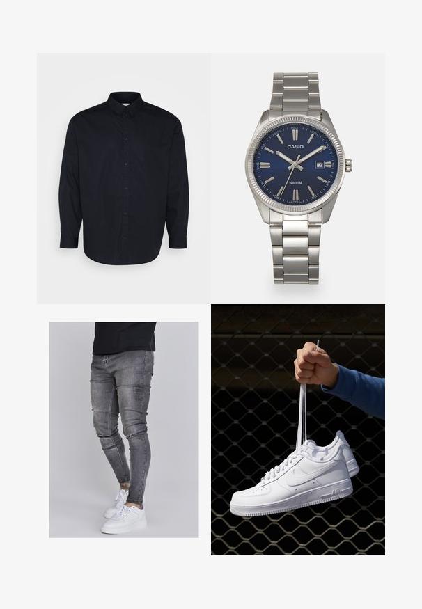 Pier One Shirt - black; Skinny jeans in faded gray denim, featuring distressed details at the knees, paired with white sneakers. Smooth texture, slim fit design.; White leather sneakers with perforations, round toe, flat sole, and thick laces, featuring a visible swoosh logo and "AIR" on the heel.; Silver stainless steel wristwatch with a navy blue dial, metallic hour markers, and a date window at 3 o'clock. Water-resistant to 50 meters.