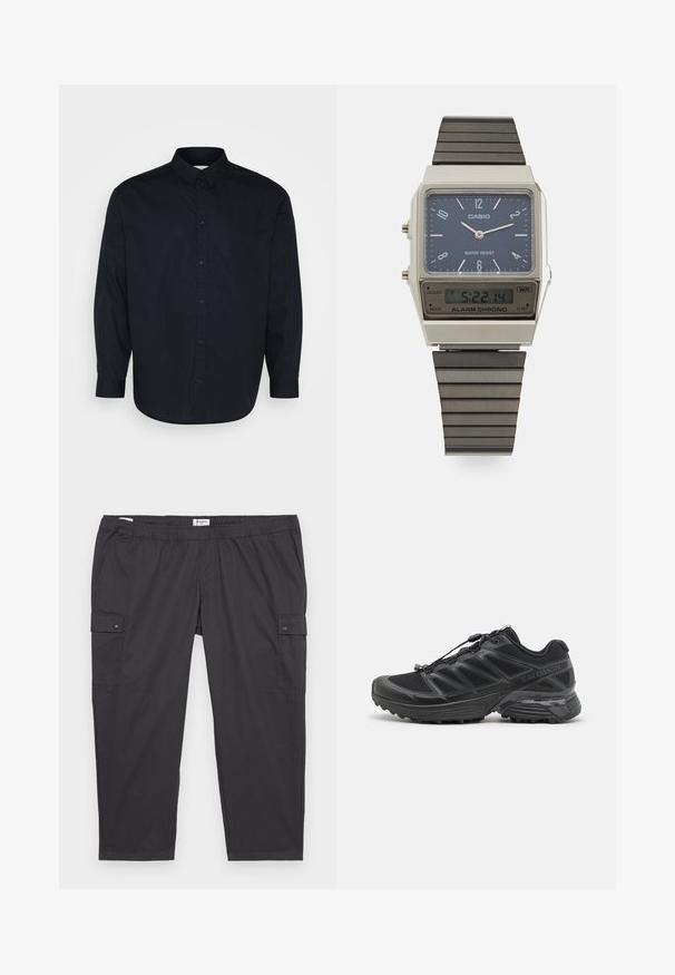 Pier One Camicia - black; Pantaloni cargo neri con vita elasticizzata, tasche laterali e dettagli con bottoni a pressione. Realizzati in tessuto leggero e liscio.; Scarpa da corsa nera con tomaia in mesh e sintetico, suola flessibile e lacci elastici. Presenta una soletta imbottita per il comfort.; Orologio digitale Casio con quadrante blu, cassa argentata e cinturino in gomma nera a strati. Mostra l'ora e le impostazioni dell'allarme. Resistente all'acqua.