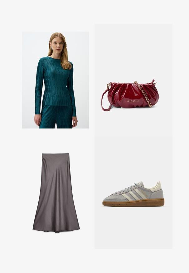 Teal langemmige top met een gemarmerd, gestreept patroon en een ronde halslijn, gecombineerd met bijpassende broeken van dezelfde stof met een gemarmerde textuur.; Grijze satijnen midi-rok met een gladde textuur en vloeiende ontwerp. Heeft een rechte snit, vallend tot onder de knie, zonder versieringen.; Grijze suède sneakers met lichtgrijze leren strepen en een gomrubberen zool. Kenmerken zijn een vetersluiting en subtiele branding op de tong.; Bordeaux patentleren handtas met een geplooid ontwerp, gouden hardware en een verstelbare schouderband met "VALENTINO" lettertype.