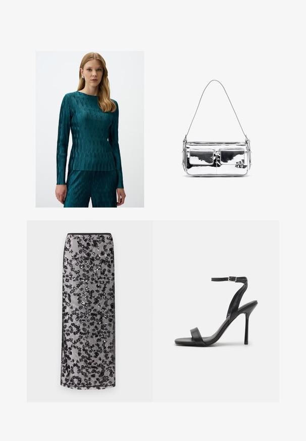 Teal langemmige top met een gemarmerd, gestreept patroon en een ronde halslijn, gecombineerd met bijpassende broeken van dezelfde stof met een gemarmerde textuur.; Lange zwarte rok met doorschijnende overlay versierd met verspreide zwarte geborduurde bloemenpatronen, tegen een neutrale achtergrond.; Zwarte hoge hakken sandaal met een slanke enkelband en twee voorste banden. Gemaakt van soepel leer met een slanke puntneus en een stiletteloze hak.; Zilverkleurige metalen schoudertas met twee voorvakken, een gladde textuur, stikdetails en een enkele afneembare schouderband. Compact rechthoekige vorm.
