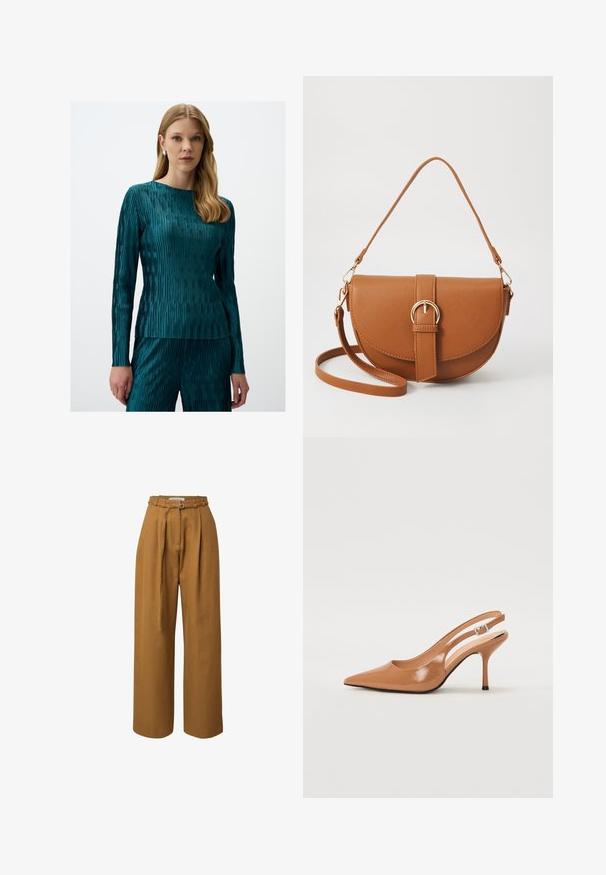 Teal langemmige top met een gemarmerd, gestreept patroon en een ronde halslijn, gecombineerd met bijpassende broeken van dezelfde stof met een gemarmerde textuur.; Brede pantalons van een bruine, gestructureerde stof met een ceintuur in de taille met een metalen gesp en voorplooien.; Puntige slingback hak in een glad, glanzend beige materiaal. Bevat een gebogen uitsnijdontwerp en een slanke stiletto hak. Zilveren gesp detail.; Bruine leren schoudertas met een gebogen vorm, gouden hardware en een gespaccent. Bevat een afneembare schouderriem.