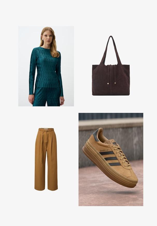 Türkises Langarmshirt mit einem strukturierten, gestreiften Muster und einem Rundhalsausschnitt, kombiniert mit passenden, strukturierten Hosen aus demselben Material.; Weite Hose aus einem braunen, strukturierten Stoff mit einem taillierten Bund, einer Metall-Schnalle und vorderen Bügelfalten.; Beige Wildledersneaker mit glatter Oberfläche, drei dunklen Streifen, abgerundetem Zehenbereich und einer dickeren Sohle mit strukturiertem Rand.; Mango Shopping Bag - dark brown
