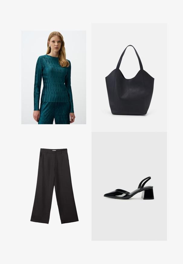Maglia a maniche lunghe color teal con un motivo a righe testurizzato e scollo a girocollo, abbinata a pantaloni testurizzati in materiale coordinato.; Pantaloni neri a gamba larga realizzati in tessuto liscio, con zip frontale e due tasche laterali, dal taglio sartoriale e design minimalista.; Décolleté in vernice nera con punta affusolata e tacco in geometria cubica. Presentano un design elegante e minimalista, con una texture liscia.; Borsa tote nera realizzata in pelle liscia, con una parte superiore curva e aperta, dotata di due manici per spalla e un design minimalista.