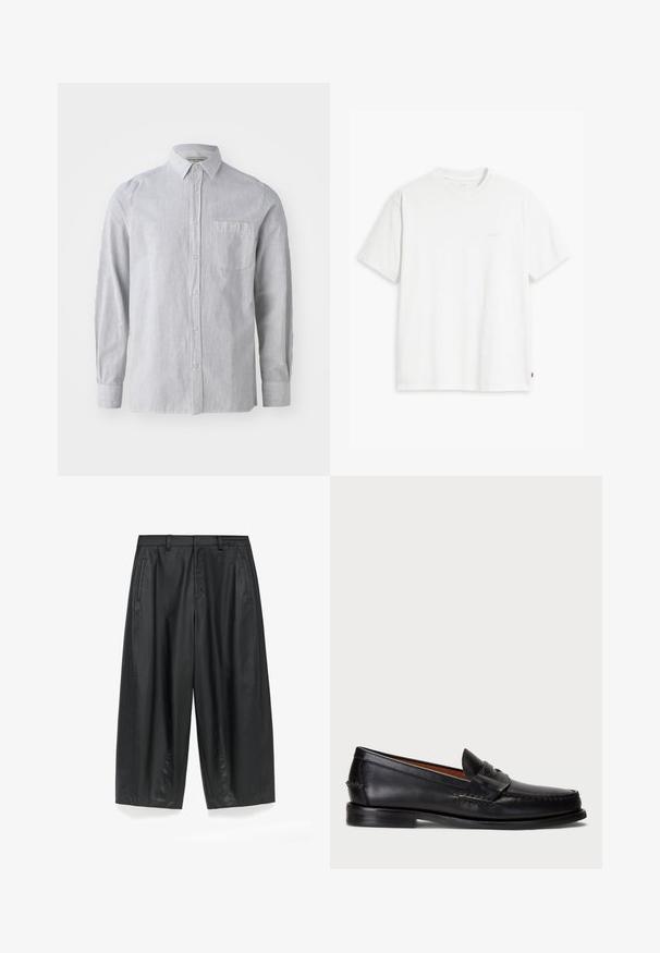 Koszula w paski z guzikami w jasnoszarym i białym kolorze, wykonana z bawełny, z długimi rękawami, jedną kieszenią na klatce piersiowej, klasycznym kołnierzykiem i prostym dołem.; Biała bawełniana koszulka z krótkim rękawem, okrągłym dekoltem i dyskretnym logo Levi's nadrukowanym na środku. Miękka tekstura i standardowy krój.; Czarne szerokie spodnie z gładkiego, matowego materiału. Posiadają dopasowany pas, fałdy z przodu oraz boczne kieszenie.; Czarne skórzane mokasyny z okrągłym czubkiem, przeszyciami na detalach oraz ozdobnym paskiem z przodu. Płaska podeszwa o minimalistycznym profilu.