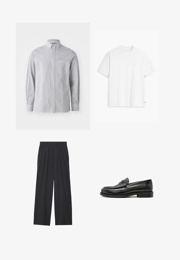 Striped button-up shirt in light gray and white, cotton fabric, long sleeves, single chest pocket, classic collar, straight hem.; White cotton t-shirt with short sleeves, crew neck, and subtle Levi's logo printed in the center. Soft texture and standard fit.; Wide-leg trousers made of dark gray fabric. Features pleats at the waist, a tailored design, and a straight silhouette.; Black leather loafer with a textured black leather accent, rounded toe, and a low block heel; features a decorative metallic detail.
