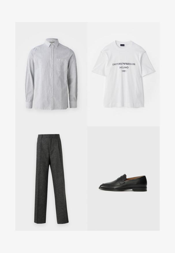 Črtasta srajca z gumbki v svetlo sivi in beli barvi, bombažna tkanina, dolgi rokavi, ena prsna žep, klasičen ovratnik, ravno rob.; Bela bomba iz bombaža s kratkimi rokavi, ki prikazuje "EMPORIO ARMANI MILANO 1981" v temno sivi barvi ter logotip. Klasičen kroj s krožnim izrezom.; Sive krojene hlače iz teksturirane tkanine, ki imajo dva sprednja nabora in ravno kroj. Brez vidnih žepov ali okrasnih elementov.; Črne usnjene loferice z zaobljenim prstom, subtilnim šivanjem in nizkim petam, ki se odlikujejo po gladki teksturi in minimalističnem oblikovanju.