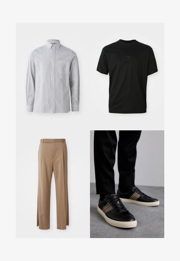 Prugasta košulja s dugim rukavima u svijetlosivoj i bijeloj boji, pamuk, jedan džep na prsima, klasičan ovratnik, ravni rub.; Crna kratka majica s kratkim rukavima i okruglim izrezom, s toniranim izvezenim logotipom "Emporio Armani Milano" sprijeda. Glatka tekstura.; Svijetlosmeđi krojeni hlače ravnih nogavica, s petljama za remen, prednjim šavom i skrivenim kopčanjem, prikazane ravno na bijeloj pozadini.; Crne kožne tenisice s višebojnim prugastim akcentima, okrugli vrh i bijele gumene potplate, s vezicama i urezanim logotipom.