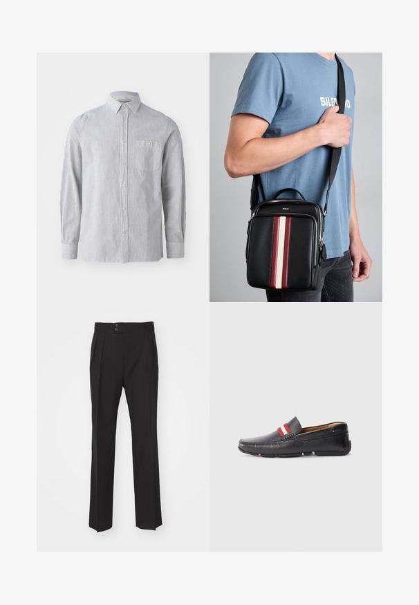 Pásikavá košeľa s button-up v svetlosivej a bielej farbe, bavlnená látka, dlhé rukávy, jedno vrecko na hrudi, klasický golier, rovný lem.; Čierne elegantné nohavice s rovnými nohavicami, dvoma prednými vreckami a dvojitým zapínaním na páse. Hladká textúra materiálu.; Čierne kožené nazúvacie topánky s textúrovaným povrchom, červeným a bielym pruhovaným akcentom na vrchu, zaoblenou špičkou a gumovou podrážkou.; Čierna kožená crossbody taška s červenými, bielymi a béžovými vertikálnymi pruhmi. Disponuje hornou rukoväťou a nastaviteľným popruhom. Viditeľné zapínanie na zips.