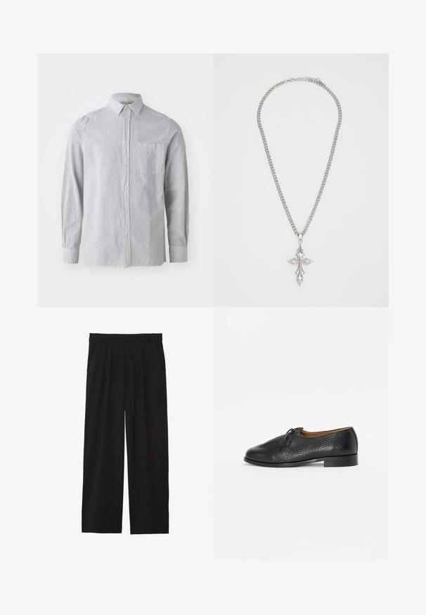 Chemise à rayures en gris clair et blanc, en tissu de coton, à manches longues, avec une poche poitrine simple, col classique, ourlet droit.; Pantalons larges noirs avec un devant plissé, des poches latérales et une texture de tissu lisse. Conçus pour un ajustement décontracté.; Chaussure en cuir noir avec une finition texturée, bout arrondi et un petit nœud décoratif sur le dessus. Dispose d'un petit talon solide.; Collier en chaîne argentée avec un grand pendentif croix orné, aux accents aigus et à la finition polie. La chaîne est épaisse et plate.