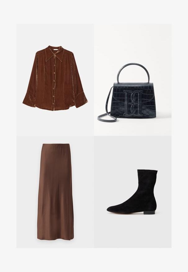 By Malene Birger ROSIANNAS - Button-down blouse - bison; Brown satin midi skirt with a smooth texture, featuring a straight cut and no visible patterns or embellishments. Simple and elegant design.; Black suede ankle boot with a fitted shaft, pointed toe, and a low block heel. Smooth texture and minimalistic design, suitable for versatile styling.; Black crocodile-embossed leather handbag with a structured design, top handle, adjustable strap, and a prominent front logo detail.