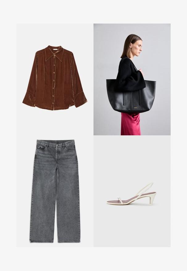 By Malene Birger ROSIANNAS - Button-down blouse - bison; Wide-leg jeans in dark gray denim. Features a high waist, five-pocket design, and front button closure. Smooth texture with subtle fading.; White slingback sandals with a slight heel, thin straps, and a smooth leather texture; features a small decorative buckle.; Black leather tote bag with a textured finish, featuring two vertical lines, dual shoulder straps, and a minimalist design.