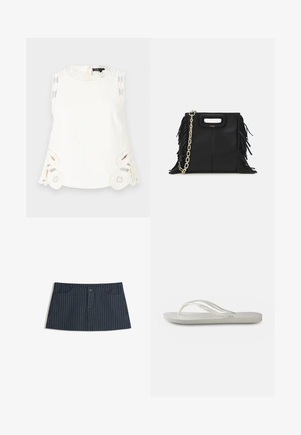 Maje LAURESQUE - Top - ecru; Marineblaues Minirock mit Nadelstreifen, vorderen Taschen und einem einzelnen Knopfverschluss an der Taille.; Weiße Flip-Flops mit einer strukturierten Sohle, dünnen Riemen und einem flachen Design. Hergestellt aus Gummi mit einem dezenten Logo auf der Fußsohle.; Schwarze Lederhandtasche mit Fransen-Details, goldener Ketten-Schulterriemen und einem ausgeschnittenen Griff. Mit Logoplatzierung auf der Vorderseite.