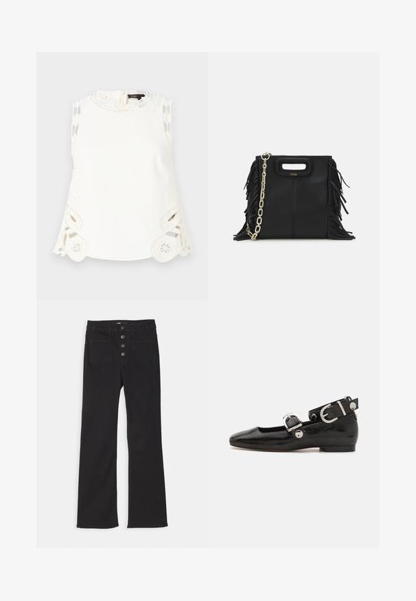Maje LAURESQUE mleczny; Granatowa polo z prążkowanej tkaniny, z kołnierzykiem w kształcie klapy, krótkimi rękawami i dwoma przednimi kieszeniami zapinanymi na napy; wyróżniająca się białymi przeszyciami.; Czarne jeansy dżinsowe z szerokimi nogawkami, wysoka talia, pięć kieszeni oraz zapięcie na guziki z przodu z czterema metalowymi guzikami.; Czarne lakierowane baleriny z kwadratowym noskiem, z paskiem na kostkę z metalowymi elementami w kolorze srebrnym oraz płaską podeszwą. Gładka textura i minimalistyczny design.; Czarna skórzana torebka na ramię z frędzlami, złotym łańcuszkiem oraz wyciętym uchwytem. Posiada umieszczone na przodzie logo.