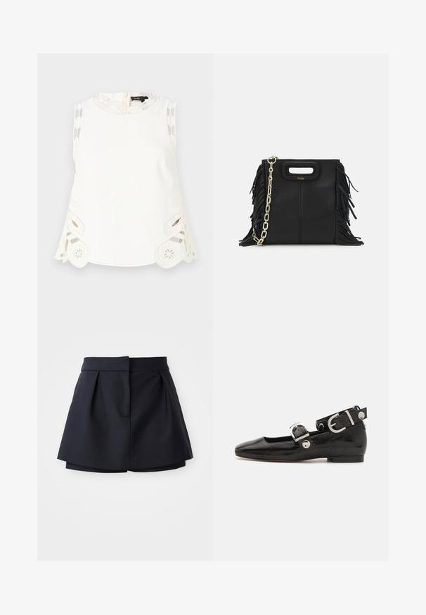 Maje LAURESQUE - Felső - ecru; Sötétkék, redőzött sort, magas derékkal, sima anyagból készült. Fitt szabású és rejtett elülső zsebbel rendelkezik.; Fekete lakkbőr lapos cipő négyzet alakú orral, ezüst hardware-rel ellátott bokapánttal és lapos talppal. Simaságával és minimalista dizájnjával kiemelkedő.; Fekete bőr kézitáska, frufrus részletekkel, arany láncos vállpánttal és kivágott fogantyúval. Az elülső részen logó található.