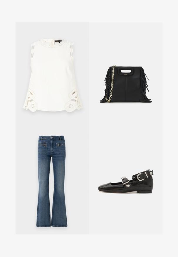 Maje LAURESQUE - Topp - ecru; Laienevad sinised teksad keskmise kõrgusega vöökoht, millel on ees ja taga taskud ning kerge kulumise efekt.; Must musta nahkkinga lamead kontsad, ruudukujulise varbaga, pahkluu rihmaga, mis sisaldab hõbedast taakleid, ning lame tald. Siledat pinda ja minimalistlikku disaini.; Musta nahk käekott, millel on frantsiisid, kuldne ahelsanga ja lõigatud käepide. Esiosas on logot.