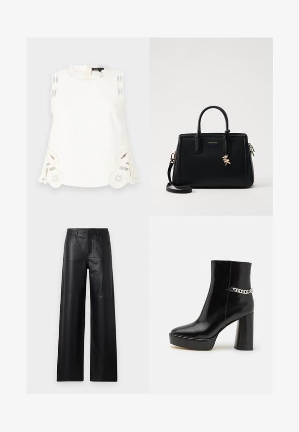 Maje LAURESQUE - Top - ecru; Pantaloni in pelle nera a gamba larga con una texture liscia, dotati di tasche frontali, chiusura a bottone e dettagli di cucitura sottili.; Stivale alla caviglia in vernice nera con una piattaforma chunky e un tallone alto a blocco. Presenta un accento di catena argentata sul lato. Texture liscia.; Borsa a tracolla in pelle nera con design strutturato, manici superiori doppi, tracolla rimovibile, accessori in oro e charm con logo.