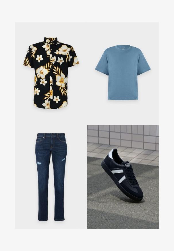 Kortærmet, sort skjorte med knapper, der har store hvide og gyldne blomstermønstre, en klassisk krave og en lomme på venstre bryst.; Blå kortærmet t-shirt, lavet af bomuld, med rund hals og løs pasform. Glat tekstur, minimalistisk design, uden mønstre eller accenter.; Mørkeblå denim jeans med lige pasform, der har slidte huller ved knæene, traditionelle lommer og synlig kontrastsyning.; Sort lædersneaker med hvide striber, tekstureret gummisål og snørrebånd foran. Har et brandet mærke på tungen.