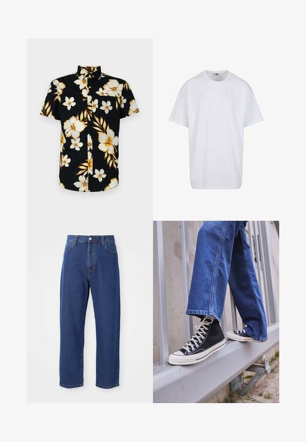 Korte mouwen, zwarte overhemden met grote witte en gouden bloemenpatronen, een klassieke kraag en een borstzak aan de linkerkant.; Witte katoenen t-shirt met korte mouwen, ronde hals, relaxte pasvorm en zonder zichtbare logo's of patronen. Gladde textuur en minimalistisch ontwerp.; Hoge taille blauwe jeans van denim, met een rechte pijp silhouet, zichtbare stiksels en een sluiting met een voorknoop.; Zwarte hoge sneakers met witte zool en veters, gecombineerd met losse blauwe denim jeans, rustend op een grijze leuning.